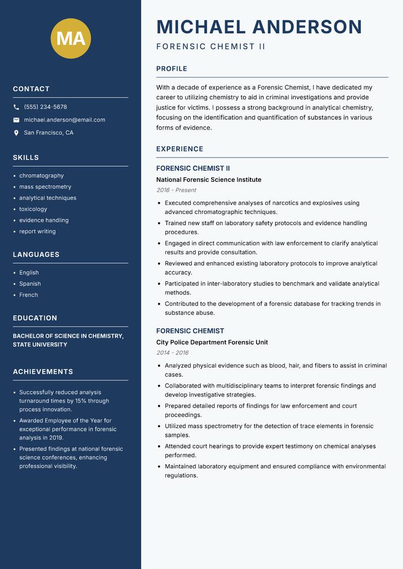 Forensic Chemist Resume Preview Example