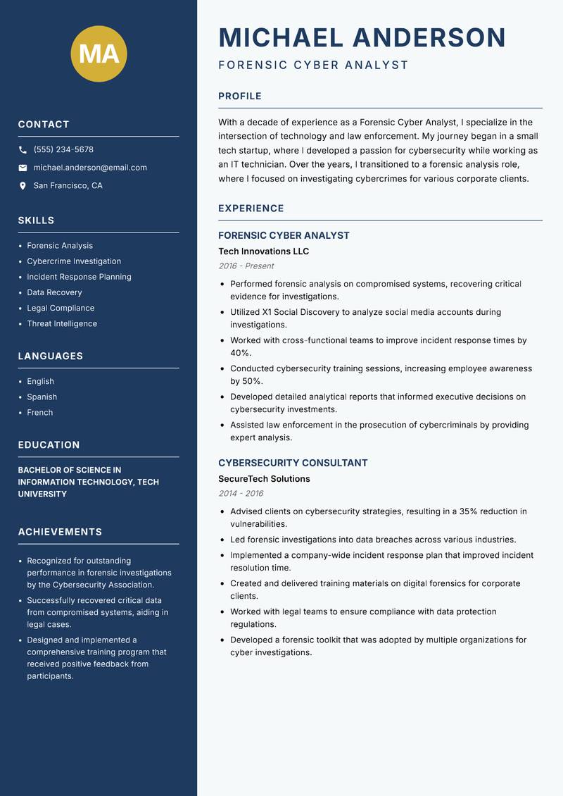 Forensic Cyber Analyst Resume Preview Example