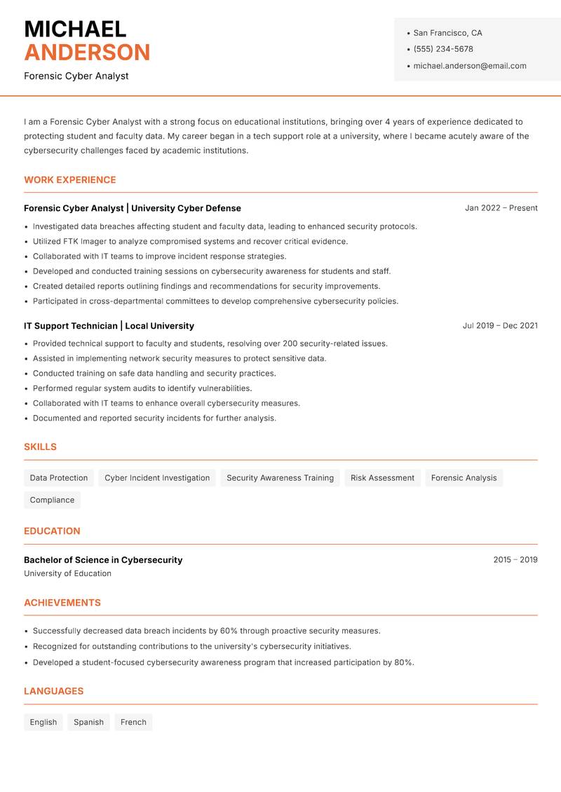 Forensic Cyber Analyst Resume Template