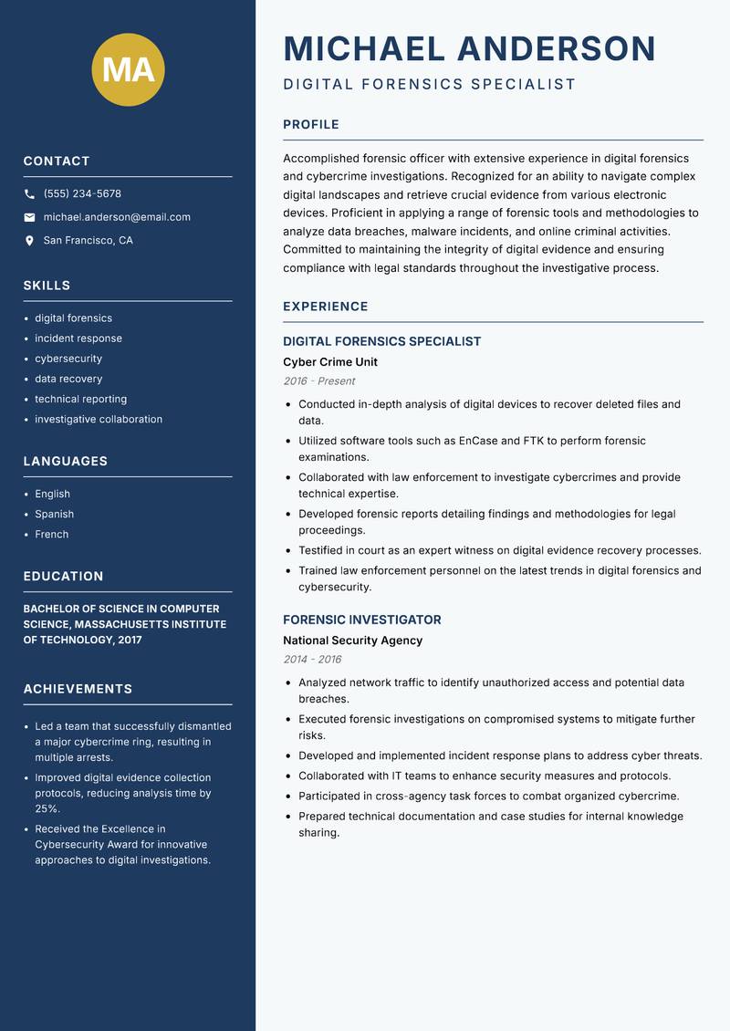 Forensic Officer Resume Preview Example