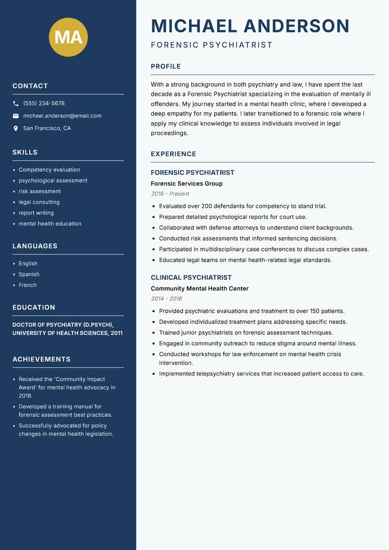 Forensic Psychiatrist Resume Preview Example