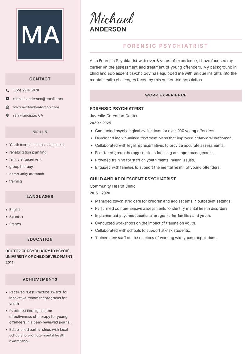 Forensic Psychiatrist Resume Preview Example