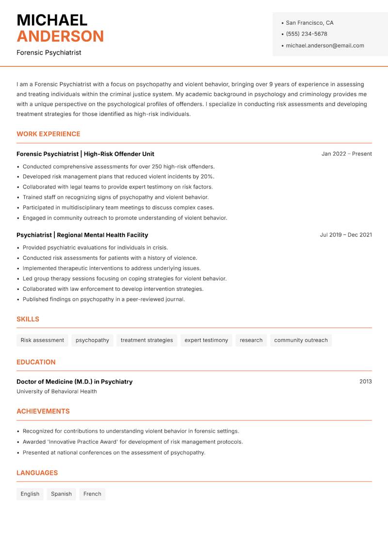 Forensic Psychiatrist Resume Template