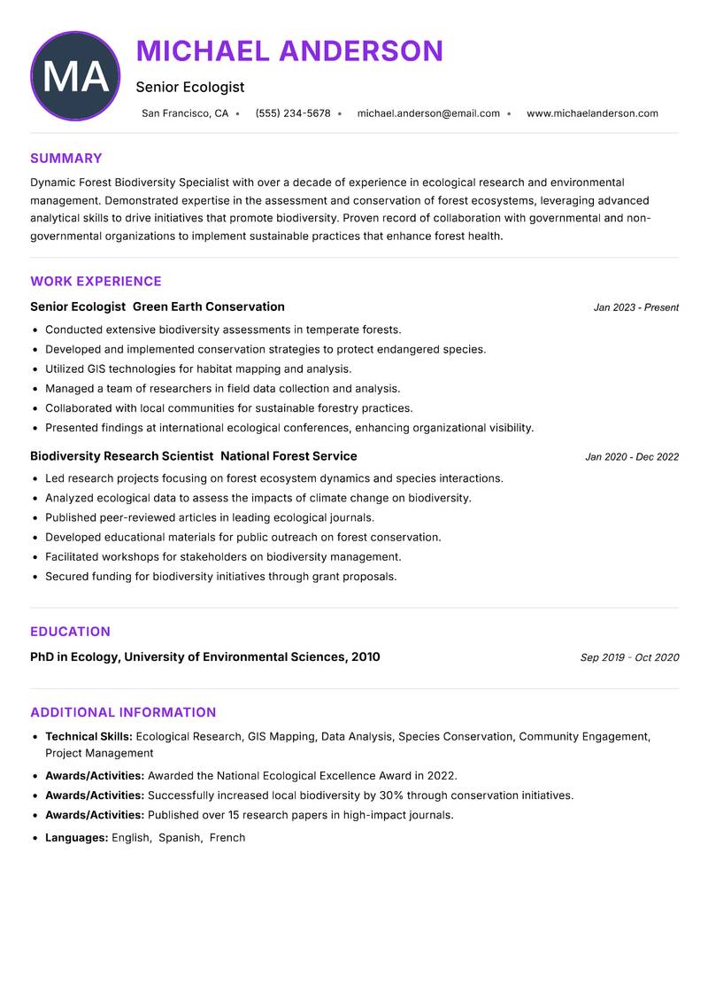 Forest Biodiversity Specialist Resume Preview Example