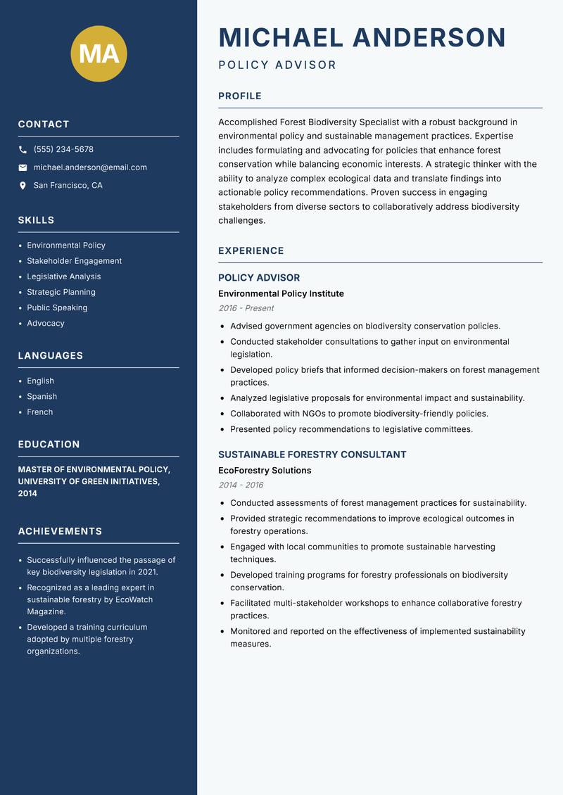 Forest Biodiversity Specialist Resume Preview Example