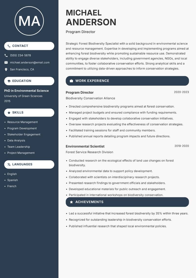 Forest Biodiversity Specialist Resume Preview Example