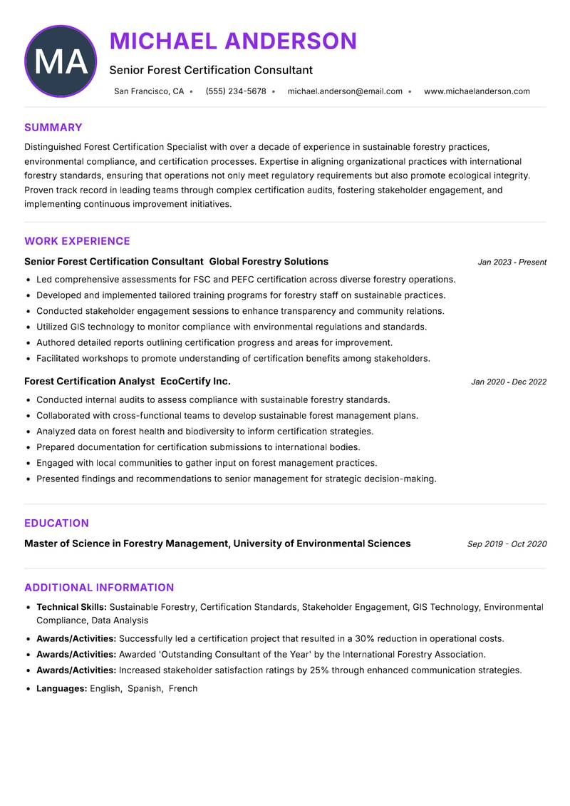 Forest Certification Specialist Resume Preview Example