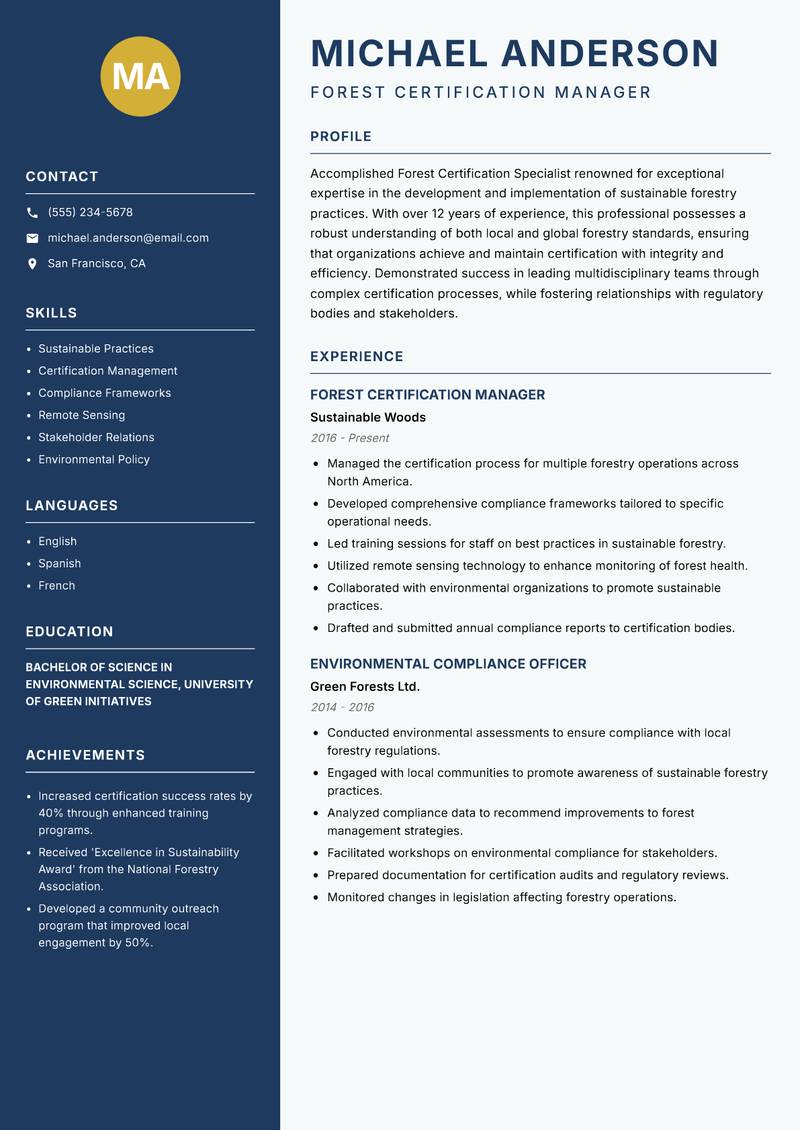 Forest Certification Specialist Resume Preview Example