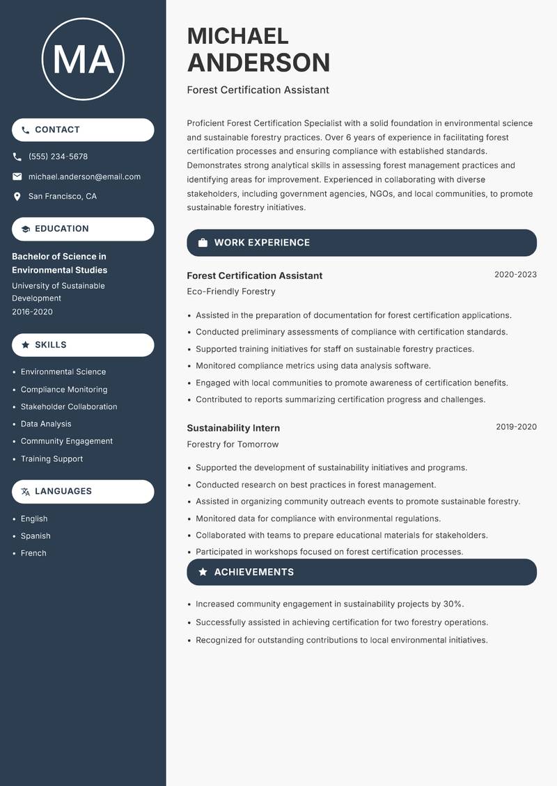 Forest Certification Specialist Resume Preview Example