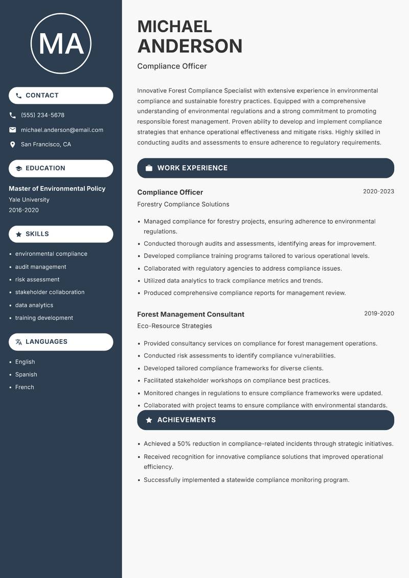 Forest Compliance Specialist Resume Preview Example