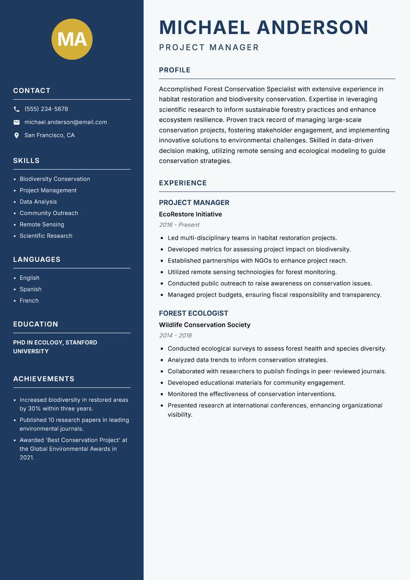 Forest Conservation Specialist Resume Preview Example