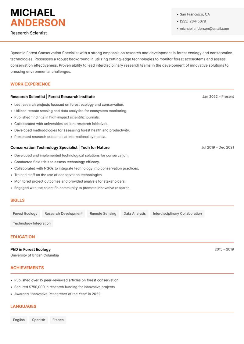Forest Conservation Specialist Resume Template