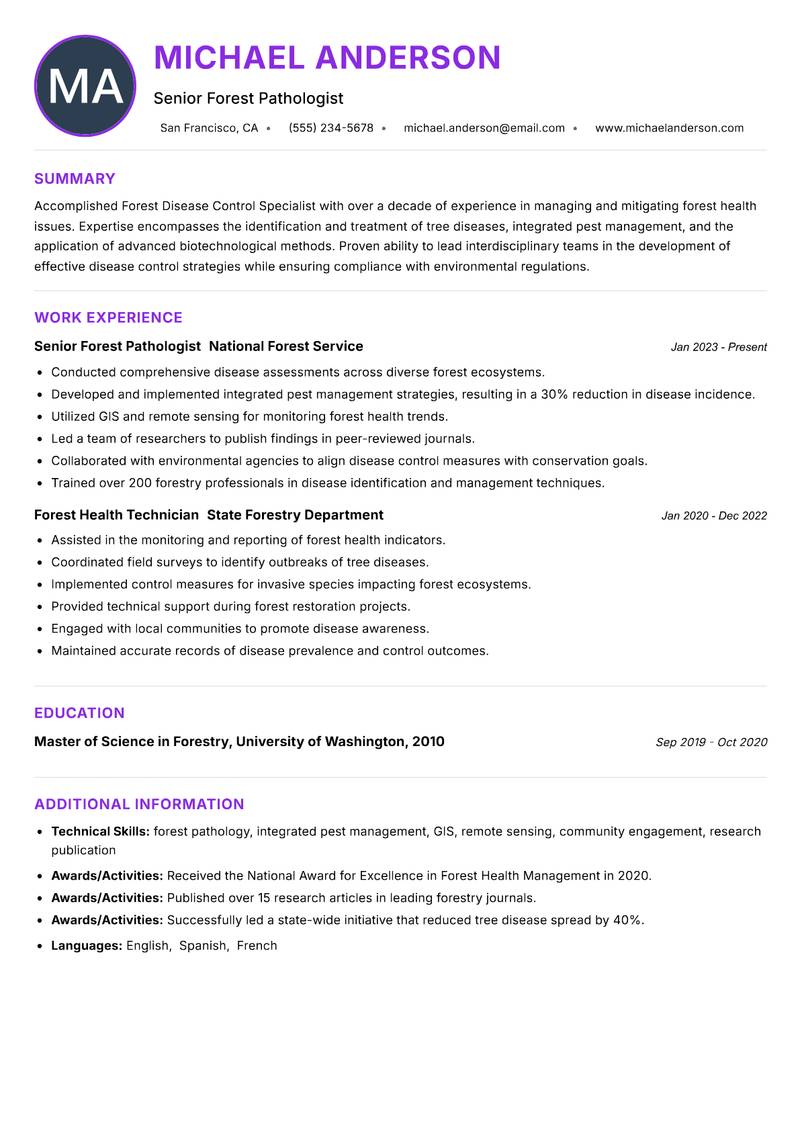 Forest Disease Control Specialist Resume Preview Example
