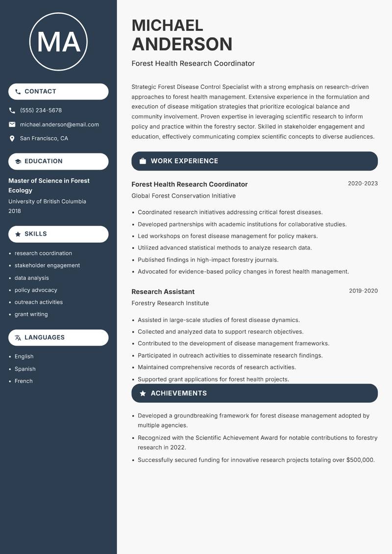 Forest Disease Control Specialist Resume Preview Example