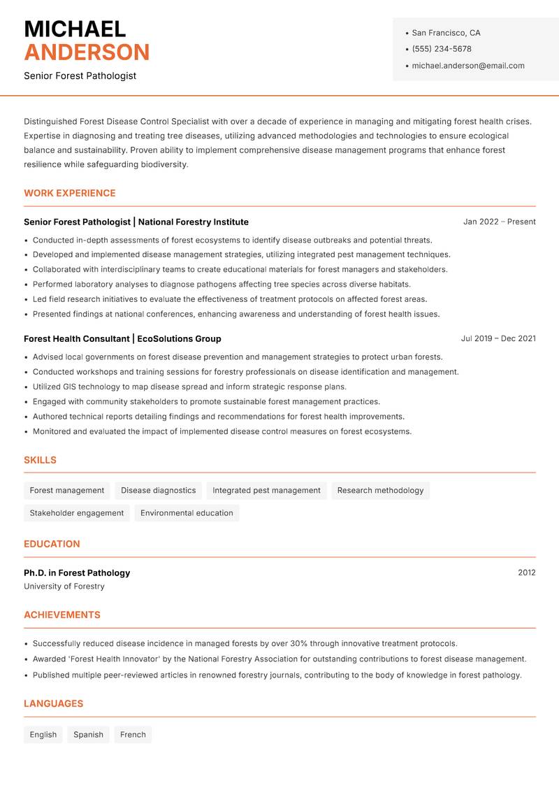 Forest Disease Control Specialist Resume Template