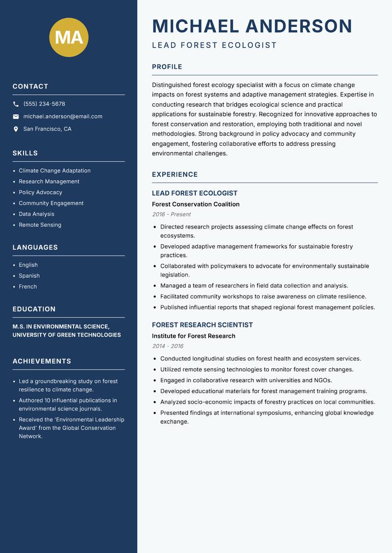 Forest Ecology Specialist Resume Preview Example