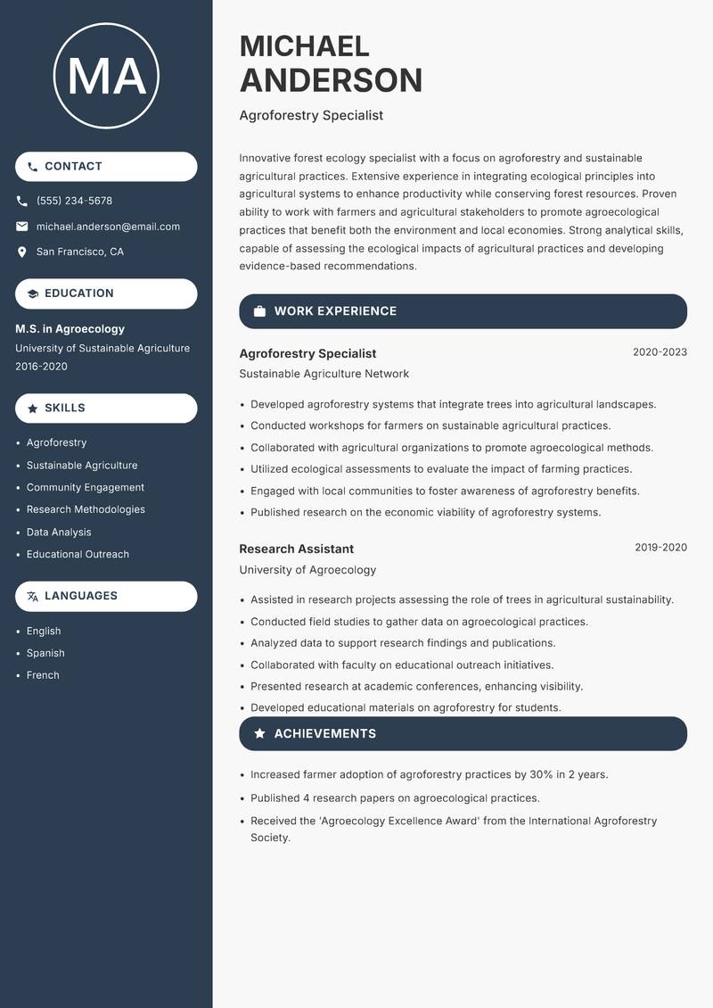 Forest Ecology Specialist Resume Preview Example