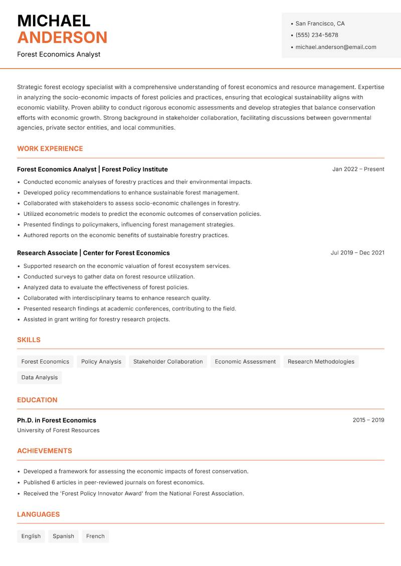 Forest Ecology Specialist Resume Template