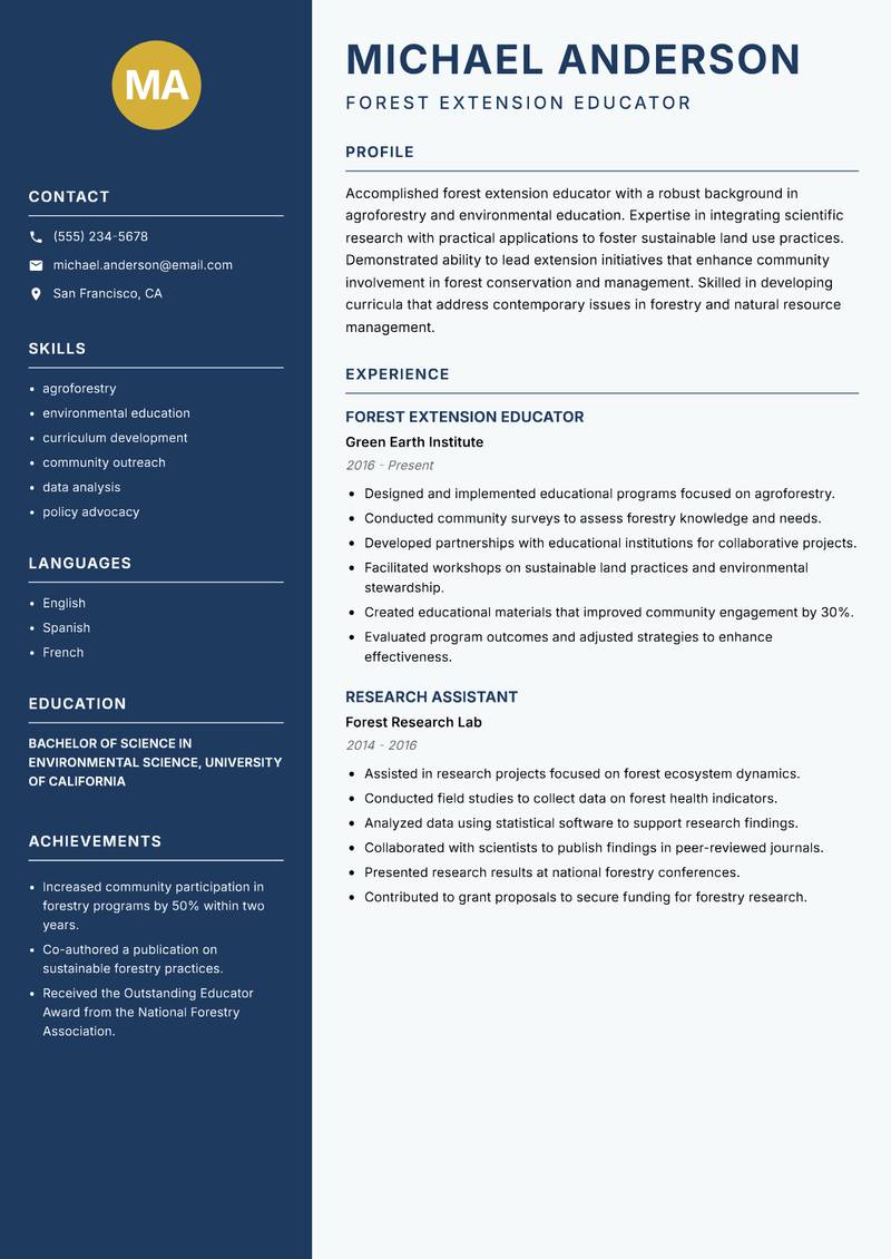 Forest Extension Specialist Resume Preview Example
