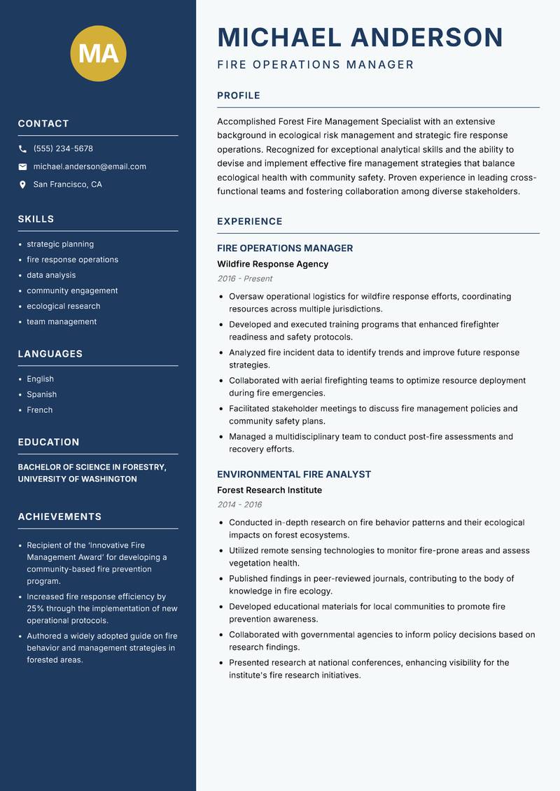 Forest Fire Management Specialist Resume Preview Example