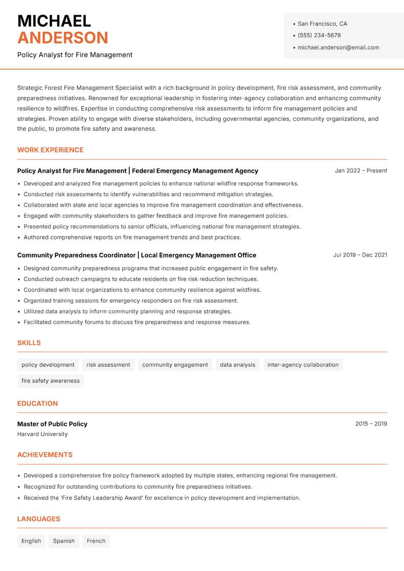 Forest Fire Management Specialist Resume Template