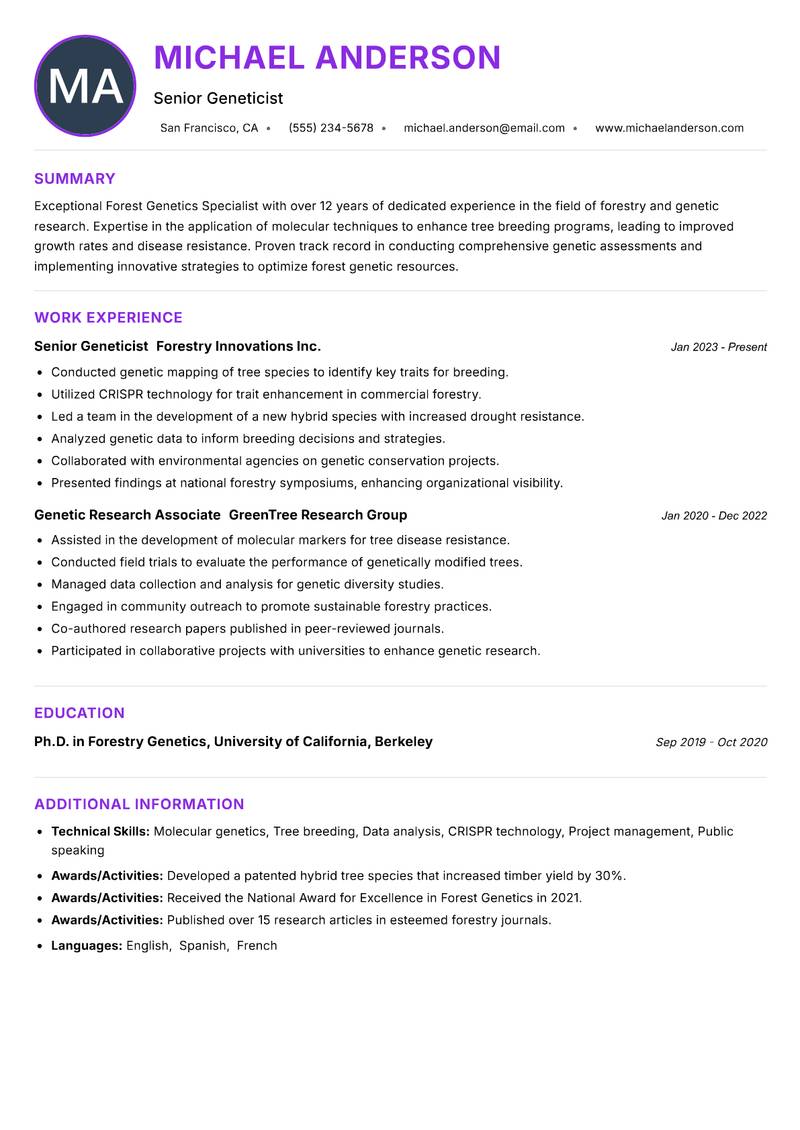 Forest Genetics Specialist Resume Preview Example