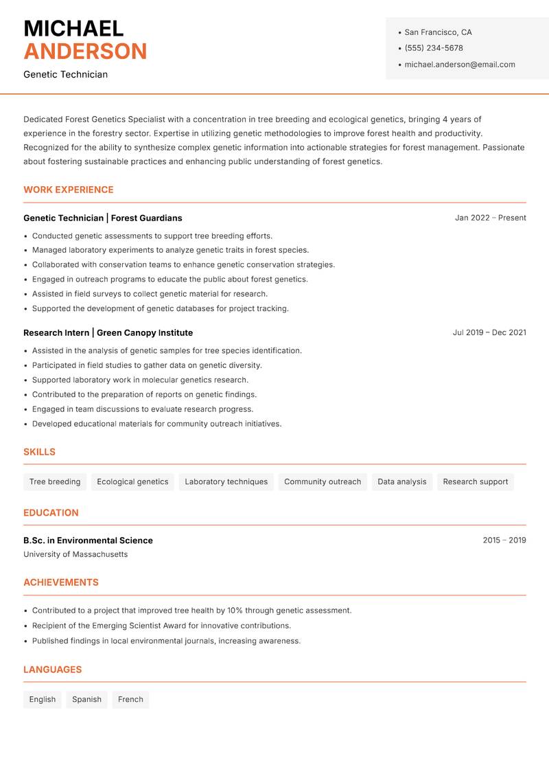 Forest Genetics Specialist Resume Template
