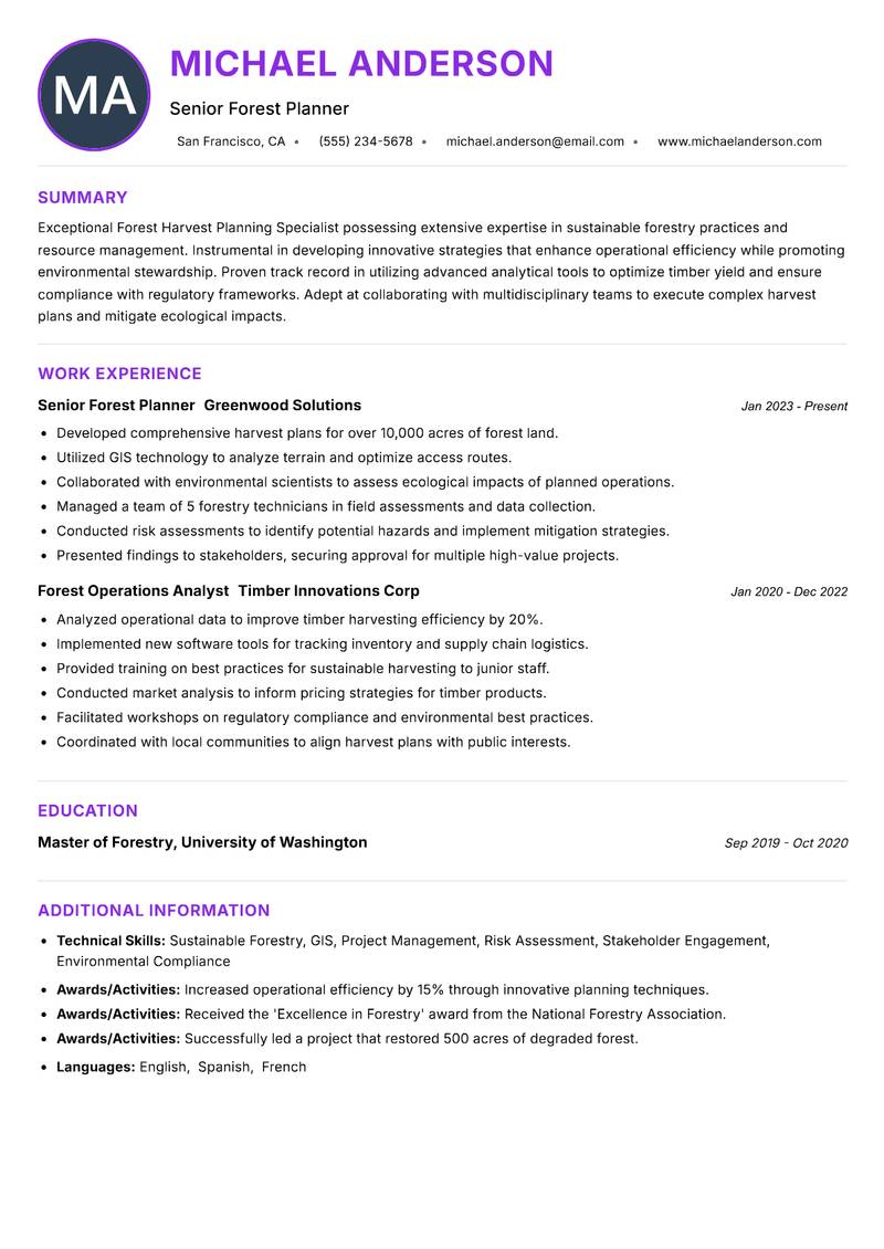 Forest Harvest Planning Specialist Resume Preview Example