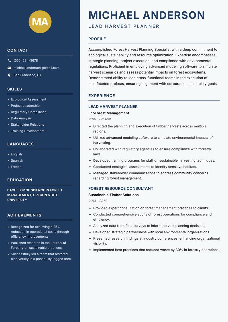 Forest Harvest Planning Specialist Resume Preview Example