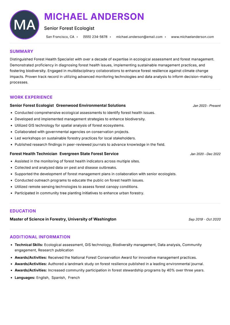 Forest Health Specialist Resume Preview Example