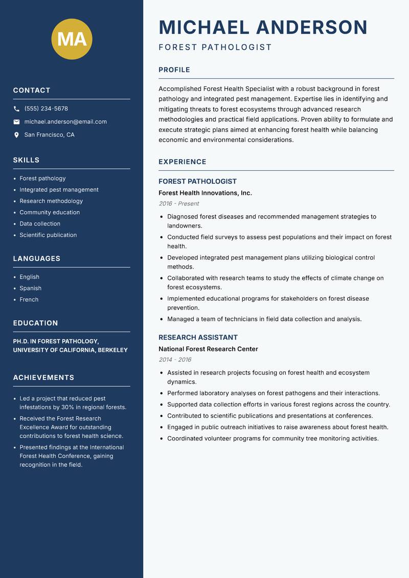 Forest Health Specialist Resume Preview Example