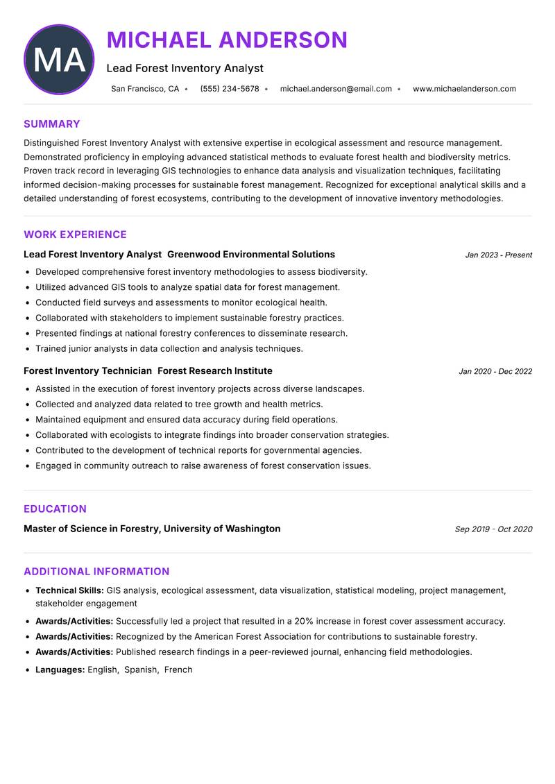 Forest Inventory Analyst Resume Preview Example