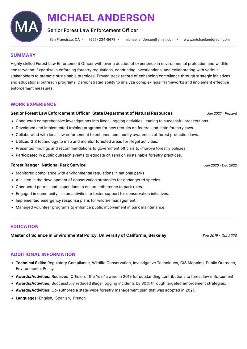Forest Law Enforcement Officer Resume Preview Example