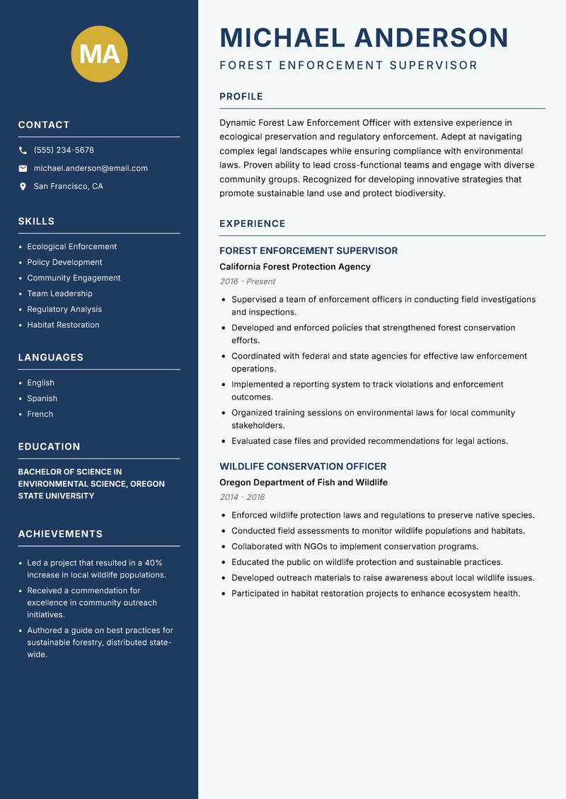 Forest Law Enforcement Officer Resume Preview Example