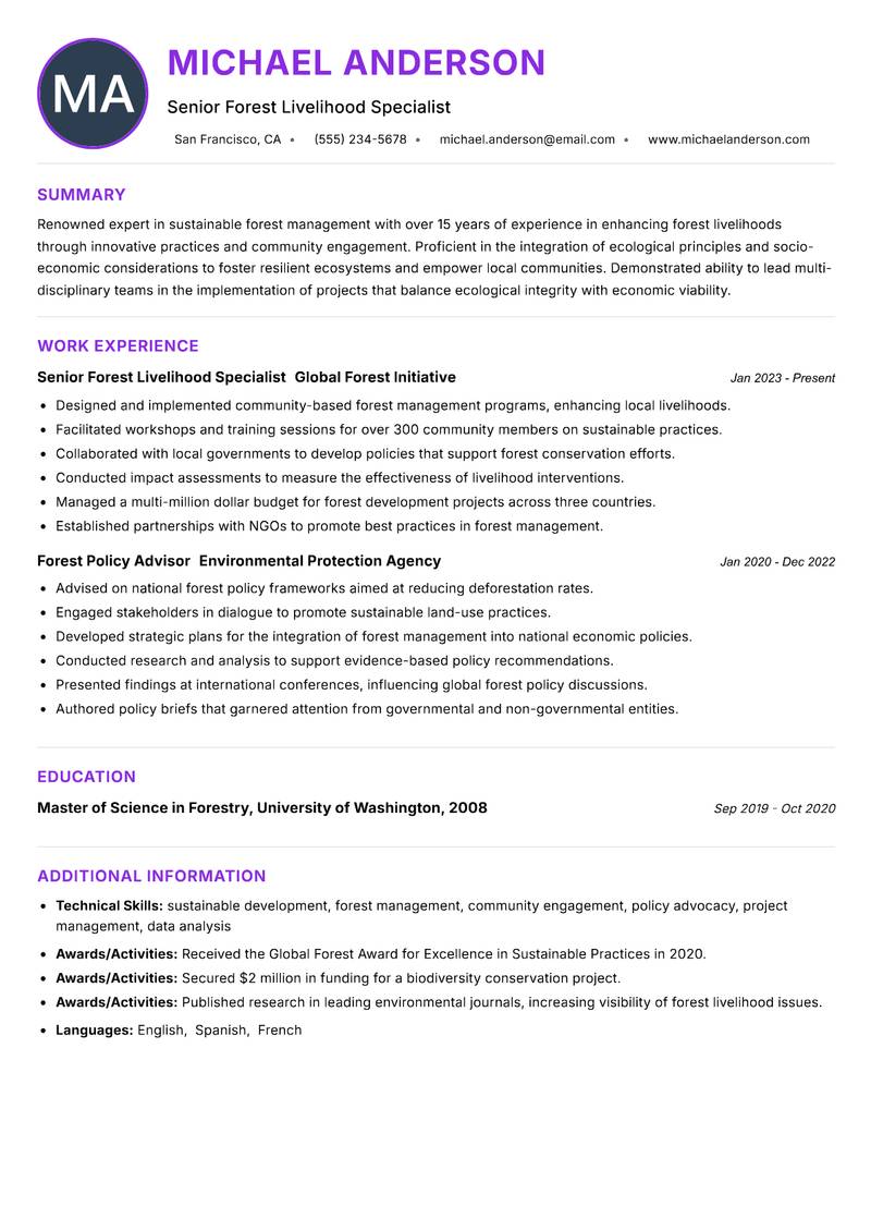 Forest Livelihood Specialist Resume Preview Example