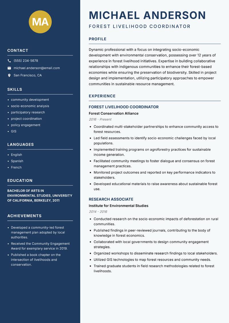 Forest Livelihood Specialist Resume Preview Example