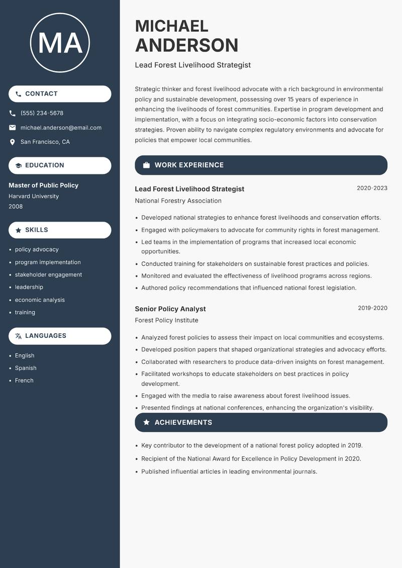 Forest Livelihood Specialist Resume Preview Example