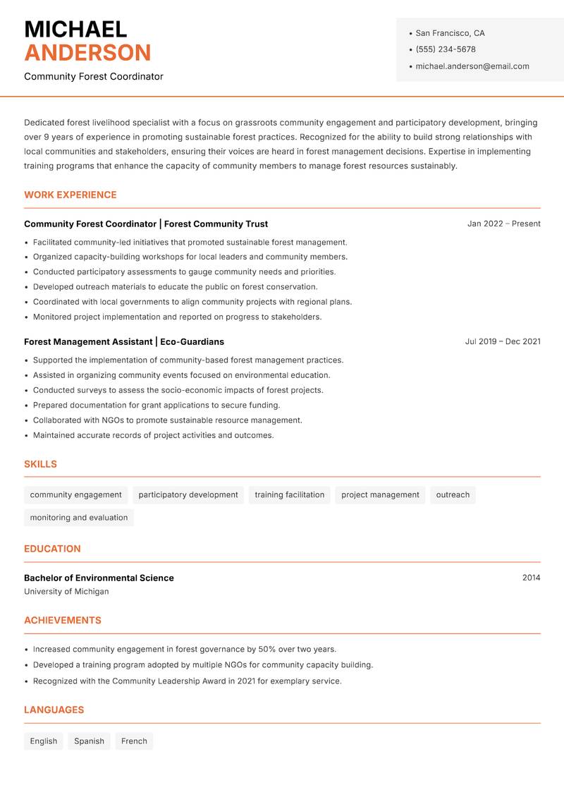 Forest Livelihood Specialist Resume Template