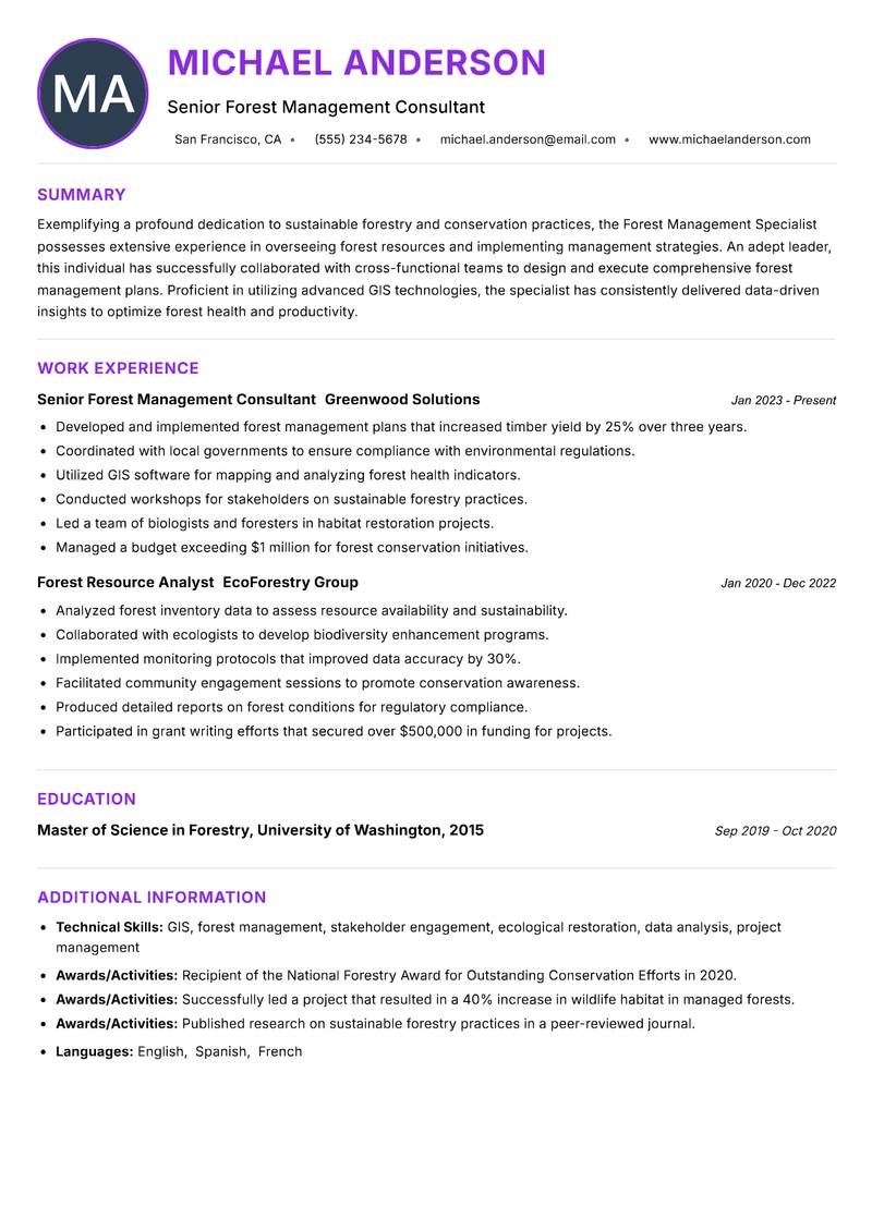 Forest Management Specialist Resume Preview Example