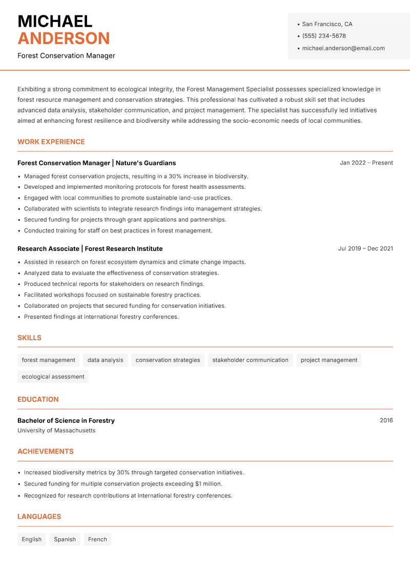 Forest Management Specialist Resume Template