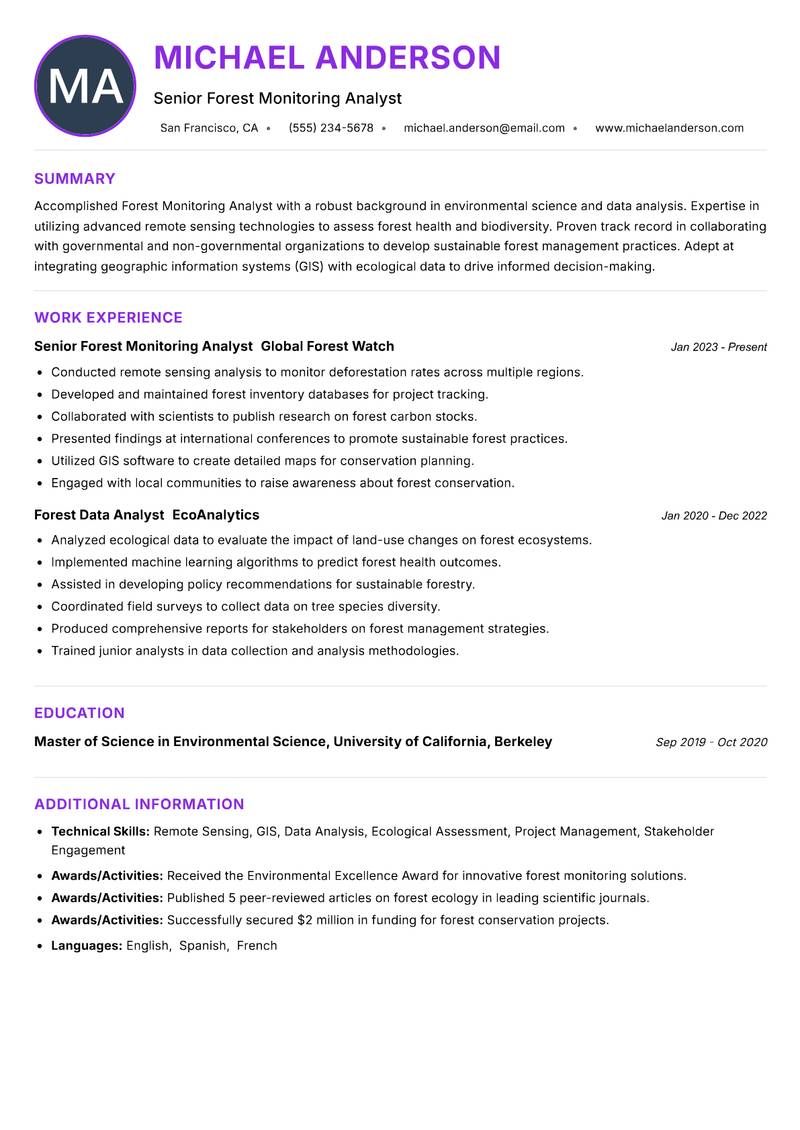 Forest Monitoring Analyst Resume Preview Example