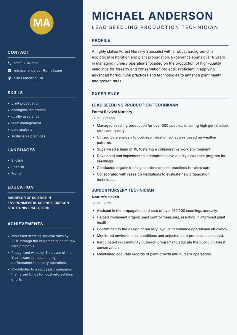 Forest Nursery Specialist Resume Preview Example