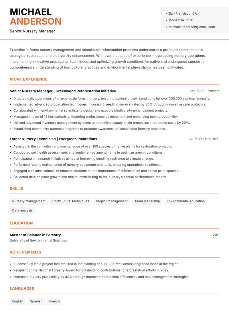 Forest Nursery Specialist Resume Template
