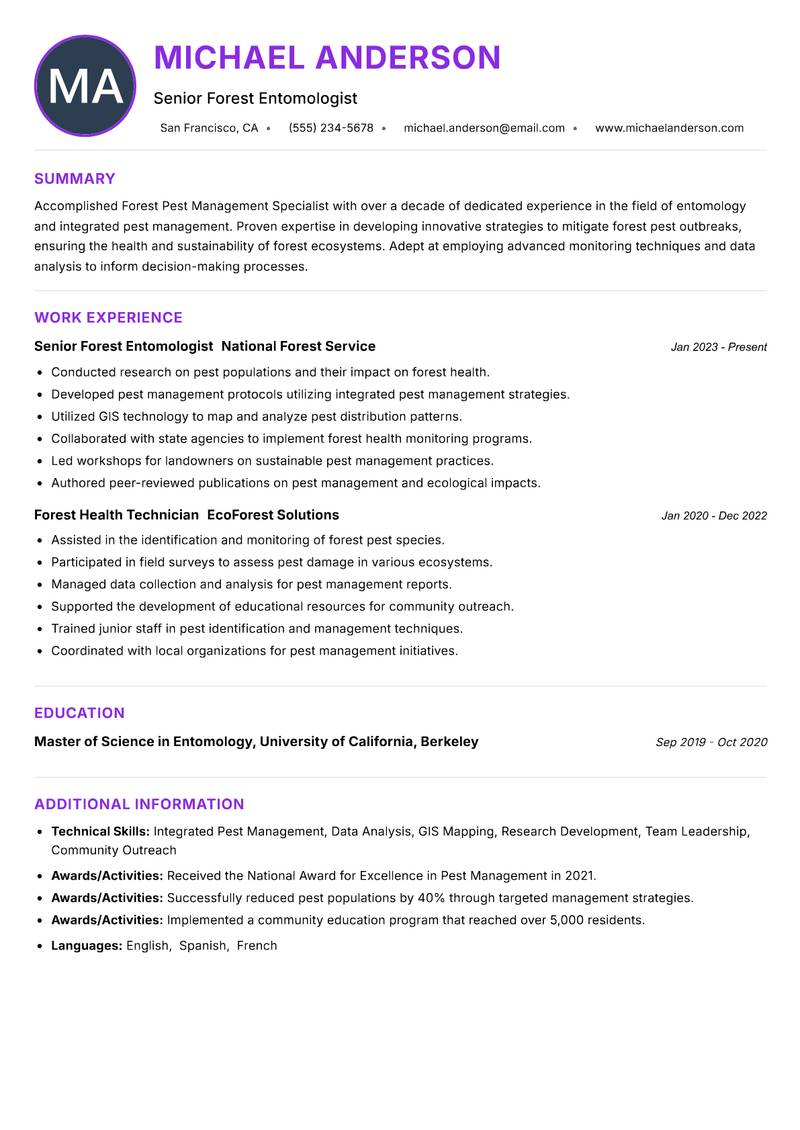 Forest Pest Management Specialist Resume Preview Example