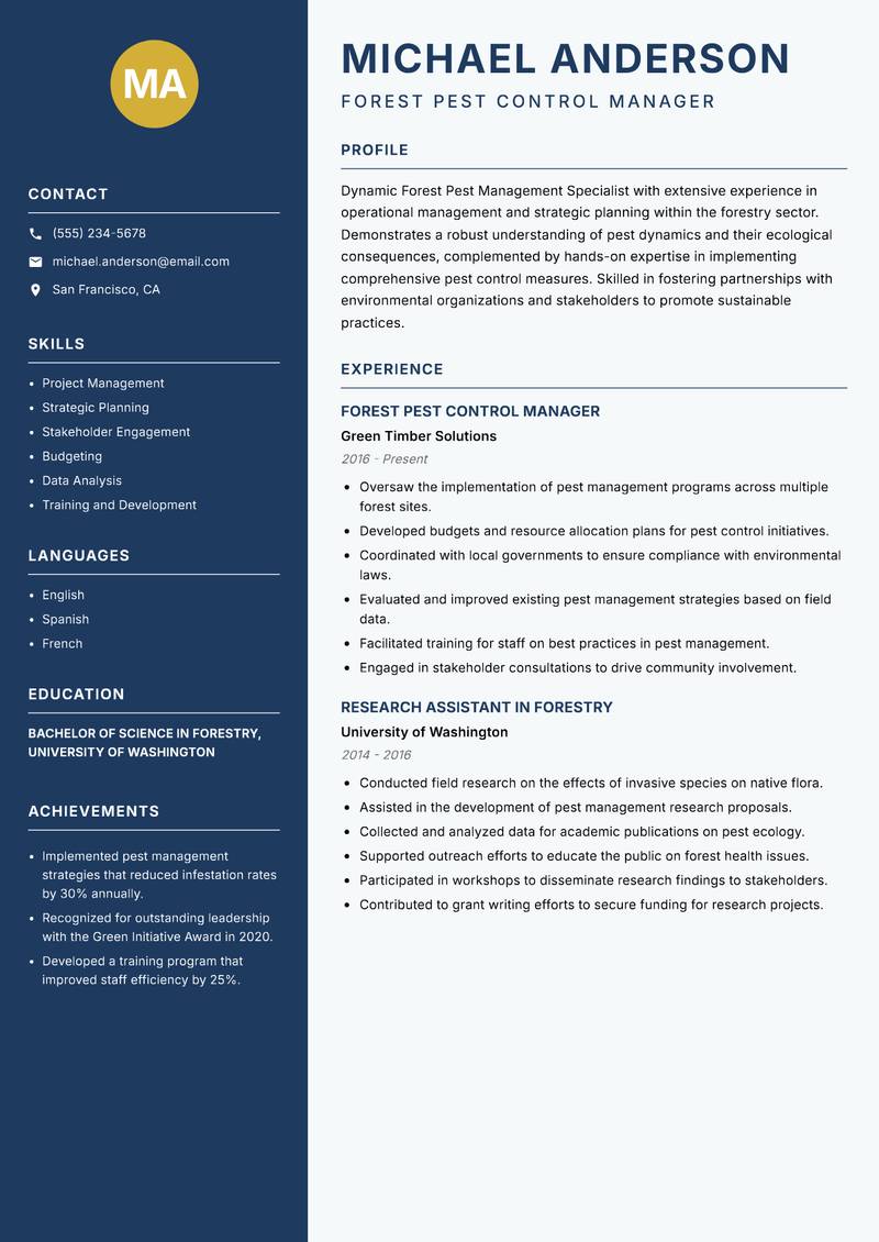 Forest Pest Management Specialist Resume Preview Example