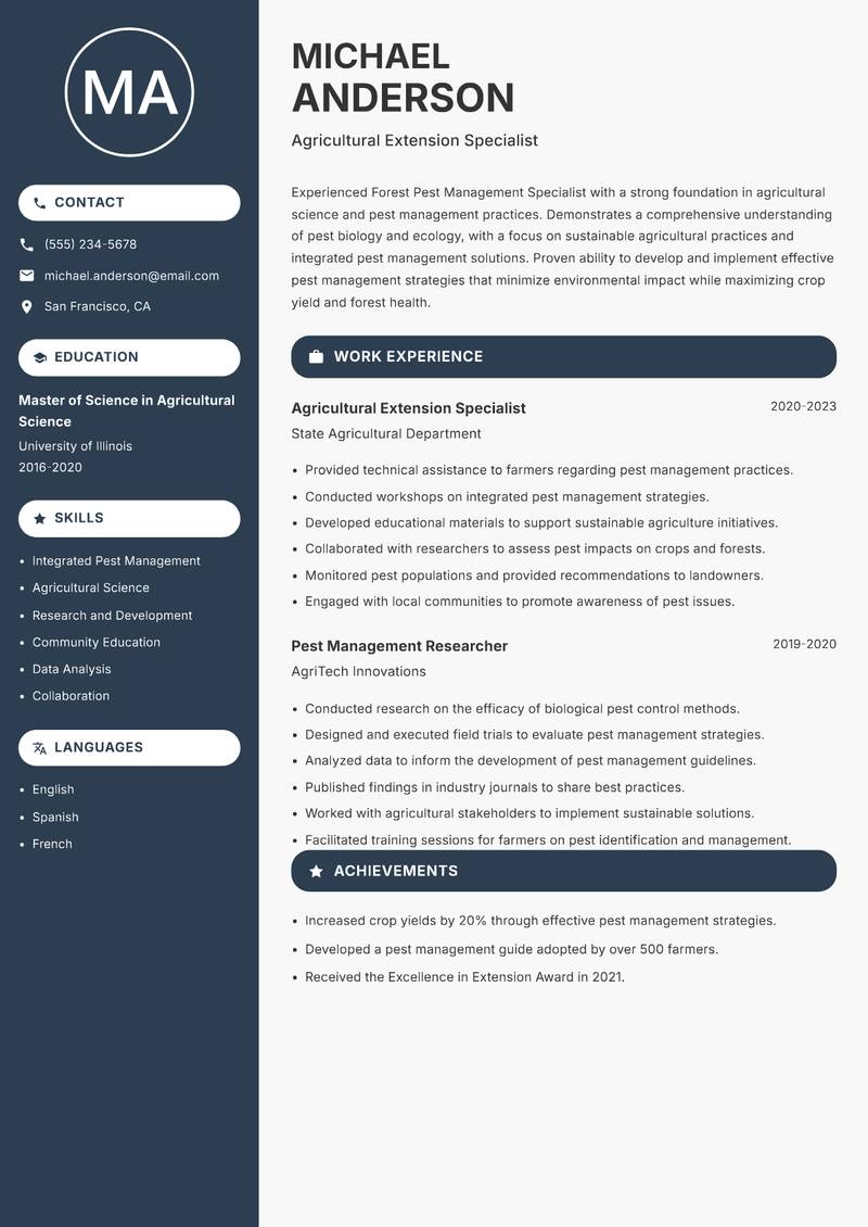 Forest Pest Management Specialist Resume Preview Example