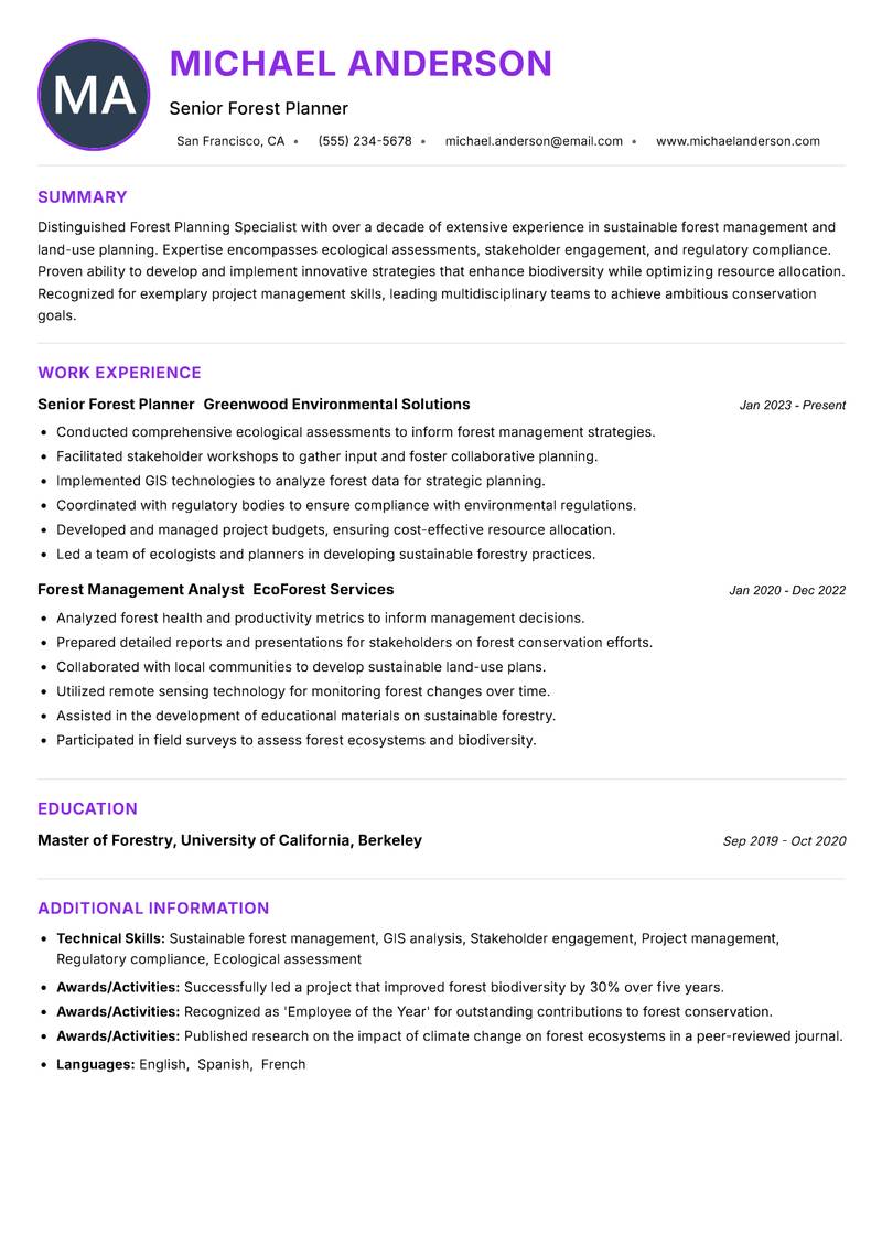 Forest Planning Specialist Resume Preview Example
