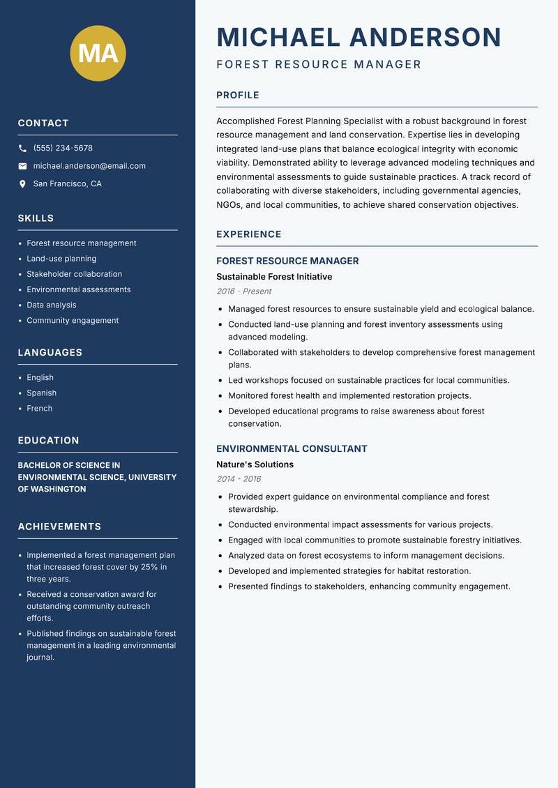 Forest Planning Specialist Resume Preview Example