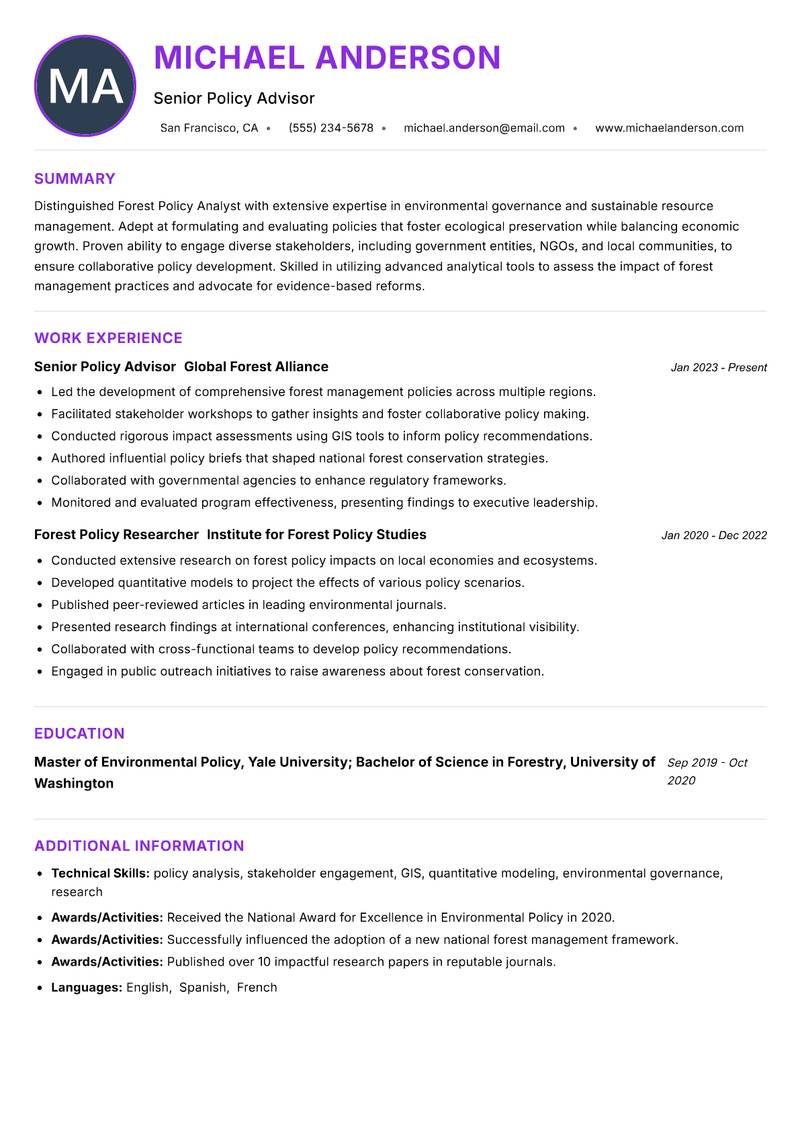 Forest Policy Analyst Resume Preview Example