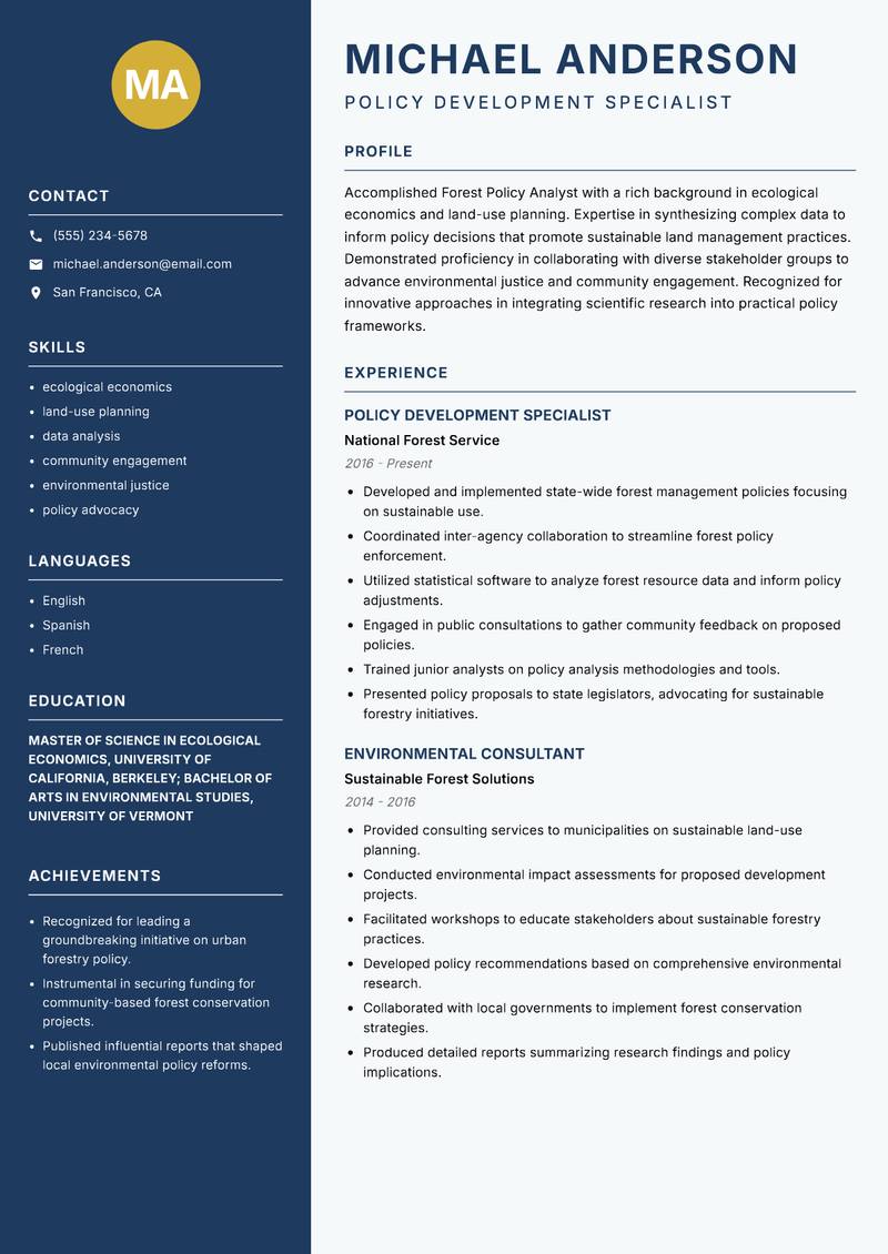 Forest Policy Analyst Resume Preview Example